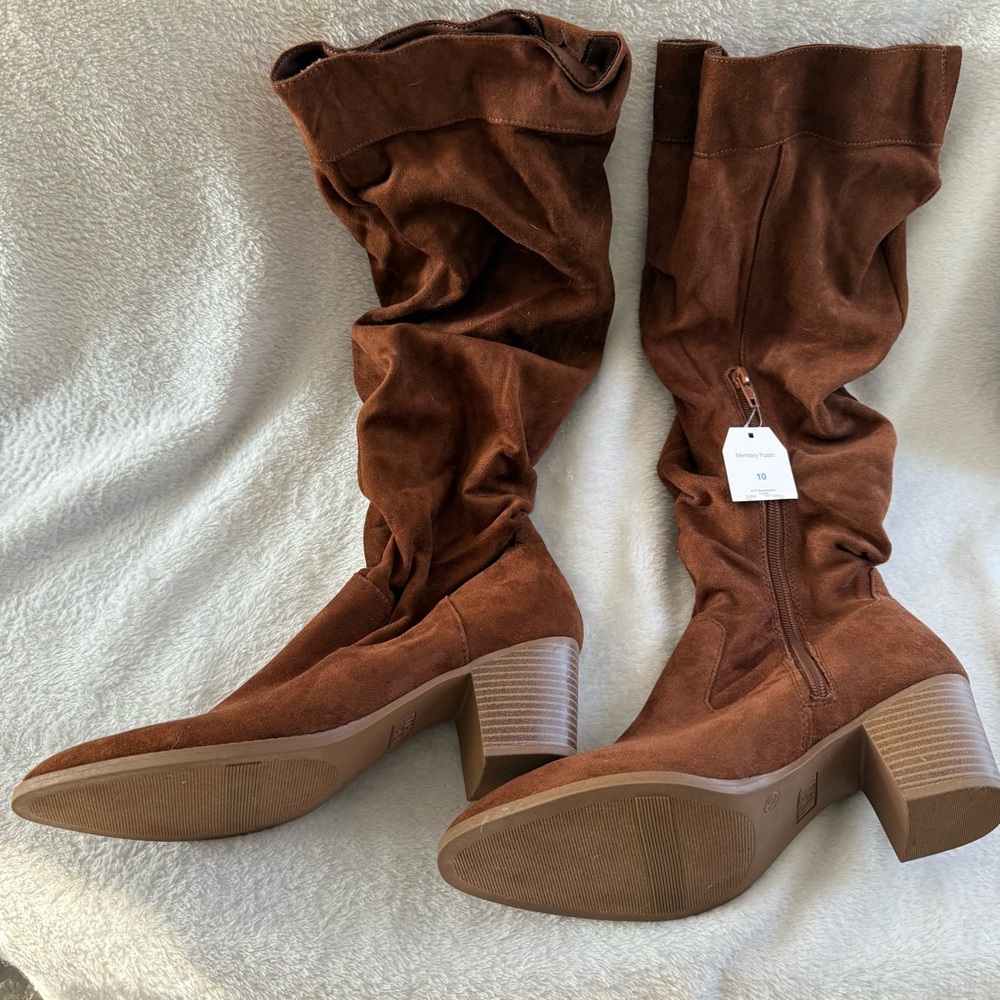 Time And Tru Brown Heeled Slouch Boots Women’s Size 10 Slip On Side Zip New
